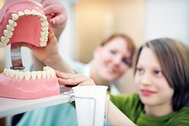 Ein Kind schaut sich ein großes Gebiss während einer Prophylaxe Beratungssituation in einer Kölner Zahnarztpraxis. Professionelle Praxisfotos vom
Fotografen in Köln.